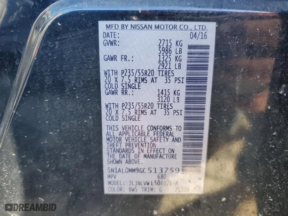 2016 Infiniti QX60 with VIN 5N1AL0MM9GC513759, listed as a Copart auction lot 84762314 with 163,714 mi miles and Salvage Title. Bid and sale history available at carsss.com. Image 13.
