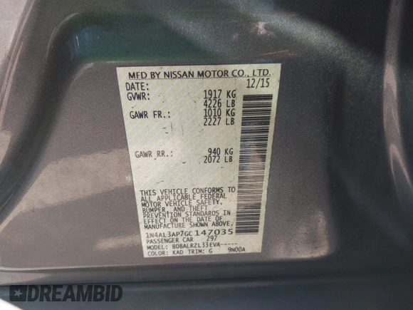 2016 Nissan Altima SV with VIN 1N4AL3AP7GC147035, listed as a IAAI auction lot 41419451 with 104,810 mi miles and . Bid and sale history available at DreamBid. Image 9.