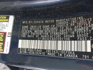 2013 Toyota Corolla L with VIN 2T1BU4EE6DC092106, listed as a IAAI auction lot 41801572 with 182,248 mi miles and . Bid and sale history available at DreamBid. Image 9.