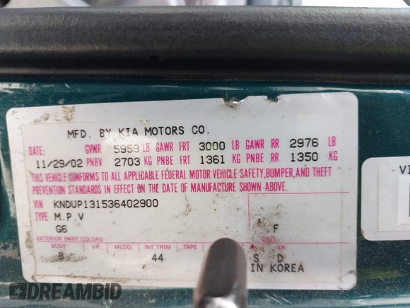 2003 Kia Sedona LX with VIN KNDUP131536402900, listed as a IAAI auction lot 41500260 with 143,825 mi miles and . Bid and sale history available at DreamBid. Image 9.