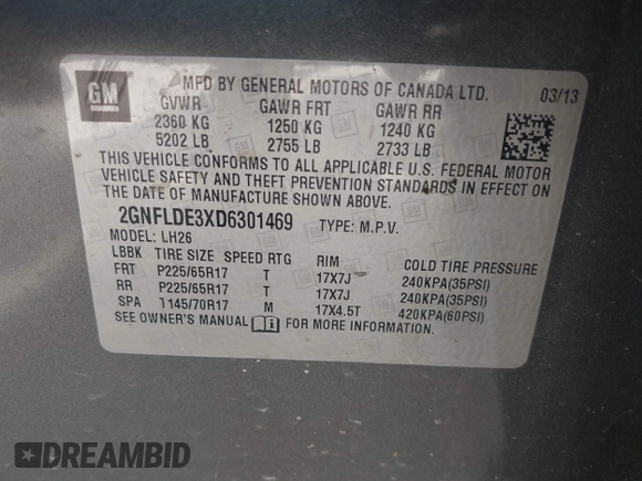 2013 Chevrolet Equinox LT with VIN 2GNFLDE3XD6301469, listed as a IAAI auction lot 41834523 with 223,614 mi miles and . Bid and sale history available at DreamBid. Image 9.