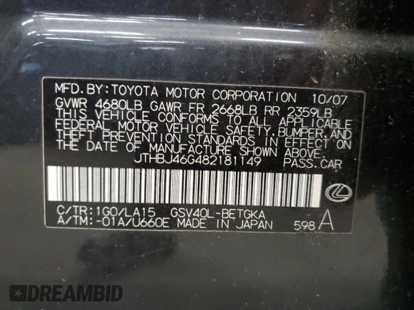 2008 Lexus ES 330 with VIN JTHBJ46G482181149, listed as a Copart auction lot 56277725 with 105,439 mi miles and Clean Title. Bid and sale history available at DreamBid. Image 12.