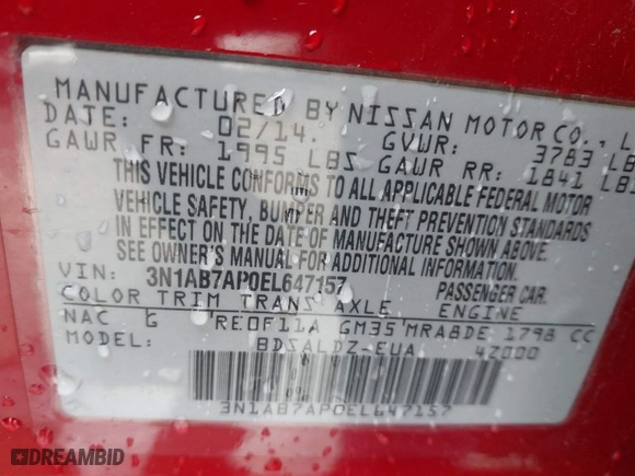 2014 Nissan Sentra SR with VIN 3N1AB7AP0EL647157, listed as a IAAI auction lot 41815415 with 102,851 mi miles. Bid and sale history available at carsss.com. Image 9.