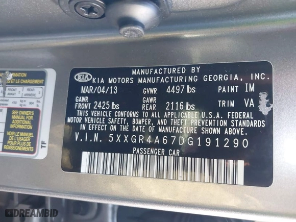 2013 Kia Optima SX w/Limited Pkg with VIN 5XXGR4A67DG191290, listed as a IAAI auction lot 41864684 with 136,525 mi miles. Bid and sale history available at carsss.com. Image 9.