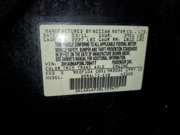 2011 Nissan Sentra SR with VIN 3N1AB6AP3BL709477, listed as a Copart auction lot 49967225 with Not Provided miles and Salvage Title. Bid and sale history available at DreamBid. Image 13.