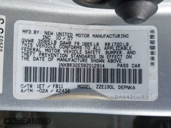 2008 Toyota Corolla CE with VIN 1NXBR32E58Z012914, listed as a IAAI auction lot 42135871 with Not Provided miles and . Bid and sale history available at DreamBid. Image 9.