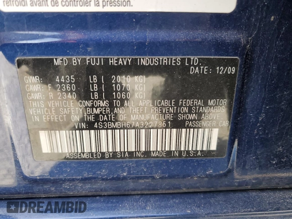 2010 Subaru Legacy Premium All-Weather Anniversary with VIN 4S3BMBH67A3227851, listed as a Copart auction lot 84031834 with 138,386 mi miles and Salvage title. Bid and sale history available at DreamBid. Image 12.