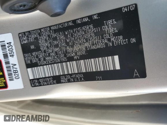 2007 Toyota Sienna CE with VIN 5TDZK23C57S061905, listed as a Copart auction lot 52210365 with 199,591 mi miles and Salvage Title. Bid and sale history available at carsss.com. Image 15.