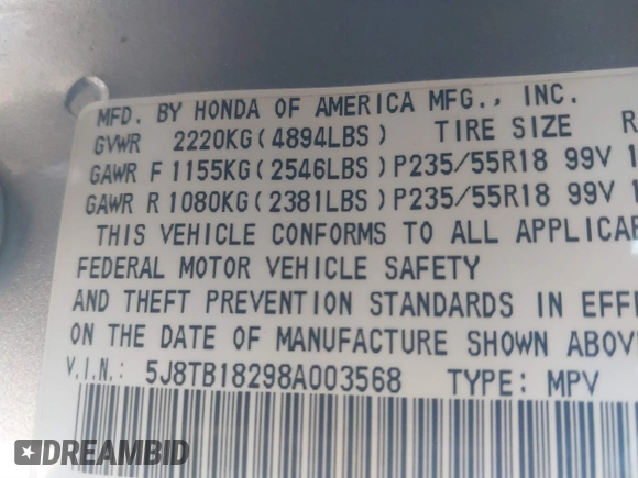 2008 Acura RDX with VIN 5J8TB18298A003568, listed as a IAAI auction lot 41809659 with 220,828 mi miles. Bid and sale history available at carsss.com. Image 9.