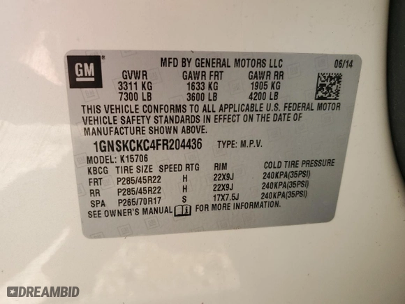2015 Chevrolet Tahoe LTZ with VIN 1GNSKCKC4FR204436, listed as a Copart auction lot 56281454 with 175,402 mi miles and Clean Title. Bid and sale history available at carsss.com. Image 13.
