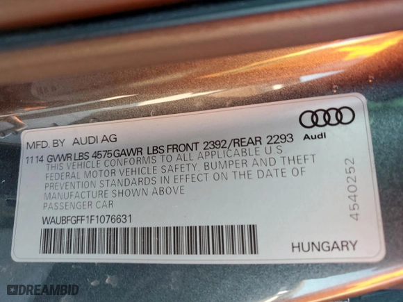 2015 Audi A3 2.0T Premium with VIN WAUBFGFF1F1076631, listed as a Copart auction lot 51924635 with 48,339 mi miles and Salvage Title. Bid and sale history available at carsss.com. Image 14.