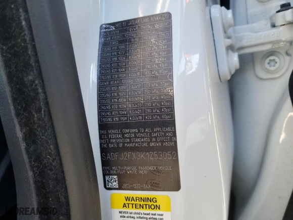2019 Jaguar E-PACE S with VIN SADFJ2FX3K1Z53052, listed as a Copart auction lot 42076555 with NaN miles and Salvage Title. Bid and sale history available at carsss.com. Image 12.