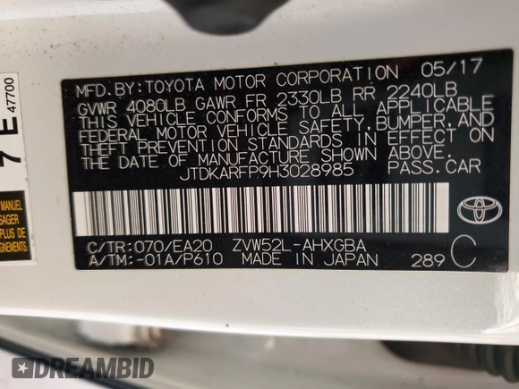 2017 Toyota Prius Plus z VIN JTDKARFP9H3028985, wystawiony jako Copart lot #57596735 z przebiegiem 89 031 mil mil oraz Szkoda całkowita • Salvage title. Historia ofert i sprzedaży dostępna na DreamBid. Obrazek 13.