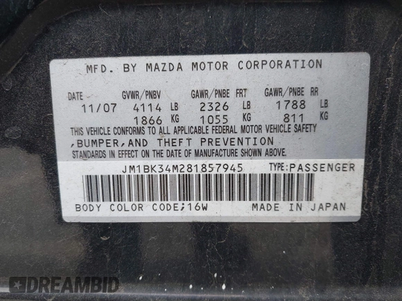2008 Mazda 3 Mazdaspeed3 Sport with VIN JM1BK34M281857945, listed as a IAAI auction lot 42083322 with 110,416 mi miles and . Bid and sale history available at DreamBid. Image 9.
