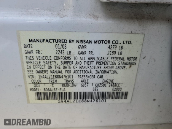 2008 Nissan Altima 2.5 SL with VIN 1N4AL21E88N476101, listed as a Copart auction lot 48724565 with 214,485 mi miles and Salvage Title. Bid and sale history available at carsss.com. Image 14.