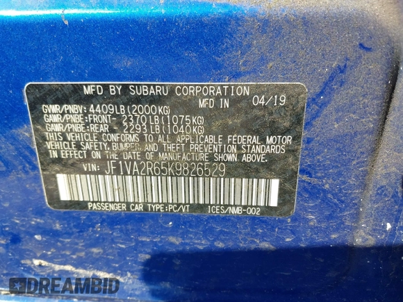 2019 Subaru WRX STI with VIN JF1VA2R65K9826529, listed as a IAAI auction lot 41753889 with 64,040 mi miles and . Bid and sale history available at DreamBid. Image 9.