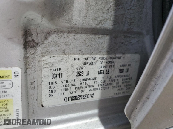 2011 Chevrolet Aveo 1LT with VIN KL1TD5DE2BB230142, listed as a Copart auction lot 57293695 with Not provided miles and Salvage title. Bid and sale history available at DreamBid. Image 13.