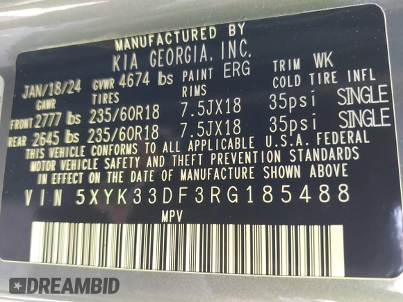 2024 Kia Sportage EX with VIN 5XYK33DF3RG185488, listed as a IAAI auction lot 42345457 with 33,926 mi miles and . Bid and sale history available at DreamBid. Image 9.