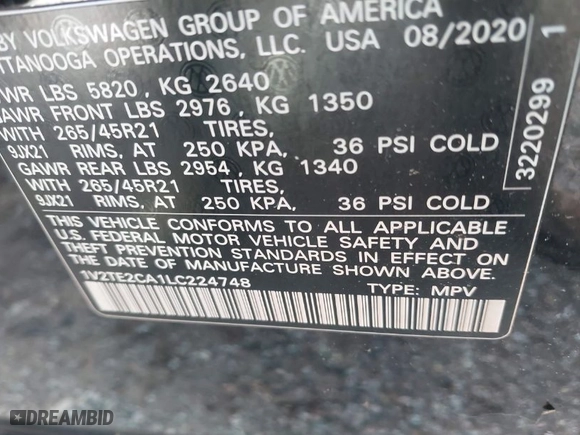 2020 Volkswagen Atlas Cross Sport 3.6L V6 SEL Premium R-Line with VIN 1V2TE2CA1LC224748, listed as a IAAI auction lot 41995496 with 49,401 mi miles. Bid and sale history available at carsss.com. Image 9.