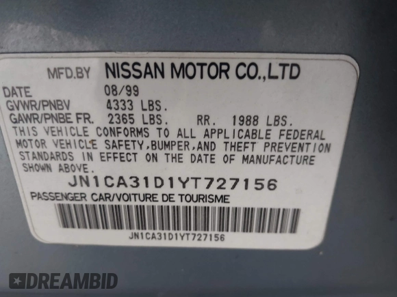 2000 Nissan Maxima GXE z VIN JN1CA31D1YT727156, wystawiony jako IAAI lot #42145772 z przebiegiem 208 427 mil mil oraz . Historia ofert i sprzedaży dostępna na DreamBid. Obrazek 9.