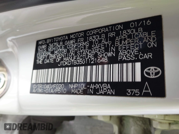 2016 Toyota Prius One with VIN JTDKDTB35G1121648, listed as a IAAI auction lot 42019218 with 74,687 mi miles and . Bid and sale history available at carsss.com. Image 9.