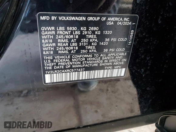 2024 Volkswagen Atlas SE with VIN 1V2LR2CAXRC577437, listed as a Copart auction lot 43693485 with 8,342 mi miles and Salvage title. Bid and sale history available at DreamBid. Image 15.