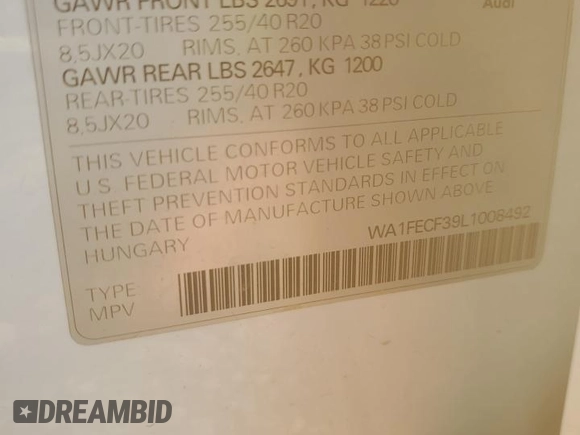 2020 Audi Q3 S line Prestige with VIN WA1FECF39L1008492, listed as a Copart auction lot 68421773 with 58,405 mi miles and Salvage Title. Bid and sale history available at carsss.com. Image 15.