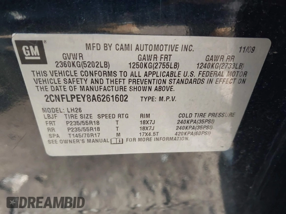 2010 Chevrolet Equinox LT w/2LT with VIN 2CNFLPEY8A6261602, listed as a IAAI auction lot 42079077 with 145,712 mi miles. Bid and sale history available at carsss.com. Image 9.