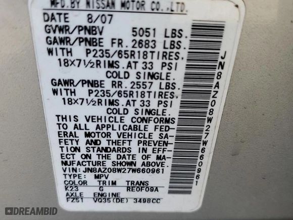 2007 Nissan Murano S with VIN JN8AZ08W27W660961, listed as a Copart auction lot 76721744 with 168,873 mi miles and Salvage Title. Bid and sale history available at carsss.com. Image 13.