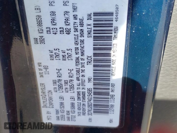 2004 Dodge Ram 2500 SLT with VIN 3D7KU26D74G154585, listed as a Copart auction lot 48235775 with 148,502 mi miles and Salvage Title. Bid and sale history available at carsss.com. Image 12.