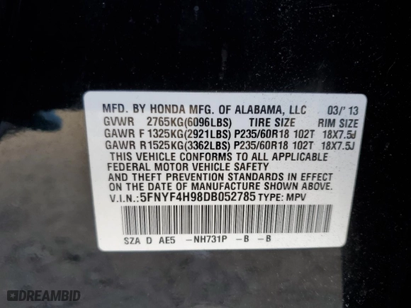 2013 Honda Pilot Touring with VIN 5FNYF4H98DB052785, listed as a Copart auction lot 51185975 with 102,317 mi miles and Salvage Title. Bid and sale history available at carsss.com. Image 14.