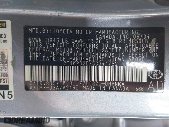 2005 Toyota Matrix STD with VIN 2T1KR32EX5C341752, listed as a IAAI auction lot 41969481 with 172,149 mi miles and . Bid and sale history available at DreamBid. Image 9.