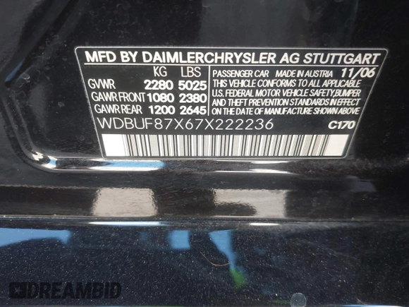2007 Mercedes-Benz E-Class 3.5L with VIN WDBUF87X67X222236, listed as a IAAI auction lot 41991958 with 158,735 mi miles. Bid and sale history available at carsss.com. Image 9.