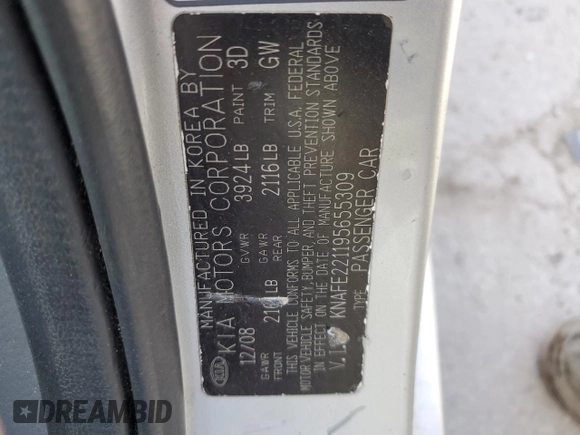 2009 Kia Spectra EX with VIN KNAFE221195655309, listed as a Copart auction lot 46620985 with 105,607 mi miles and Salvage Title. Bid and sale history available at DreamBid. Image 14.