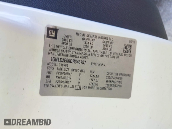 2013 Chevrolet Tahoe Commercial with VIN 1GNLC2E06DR348757, listed as a IAAI auction lot 41711877 with 163,473 mi miles and . Bid and sale history available at DreamBid. Image 9.