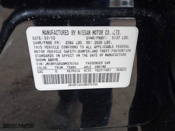 2011 Infiniti M37 with VIN JN1BY1AR4BM374744, listed as a IAAI auction lot 41502845 with 206,738 mi miles. Bid and sale history available at carsss.com. Image 9.