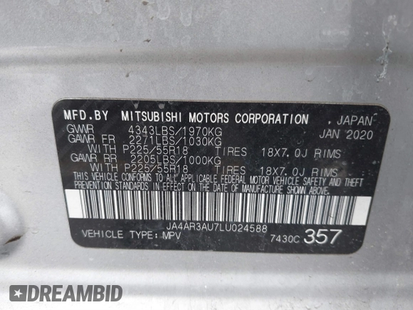 2020 Mitsubishi Outlander Sport ES 2.0 with VIN JA4AR3AU7LU024588, listed as a IAAI auction lot 41591589 with 117,495 mi miles. Bid and sale history available at carsss.com. Image 9.