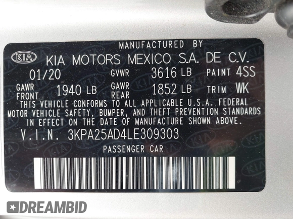 2020 Kia Rio S with VIN 3KPA25AD4LE309303, listed as a IAAI auction lot 41800912 with 75,393 mi miles and . Bid and sale history available at DreamBid. Image 9.