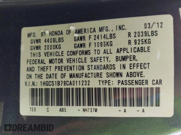 2012 Honda Accord EX with VIN 1HGCS1B79CA011232, listed as a IAAI auction lot 42566099 with 256,964 mi miles and . Bid and sale history available at DreamBid. Image 9.