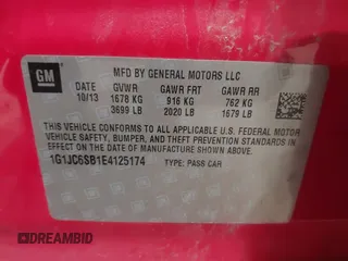 2014 Chevrolet Sonic LT with VIN 1G1JC6SB1E4125174, listed as a IAAI auction lot 41521991 with 125,490 mi miles. Bid and sale history available at carsss.com. Image 12.
