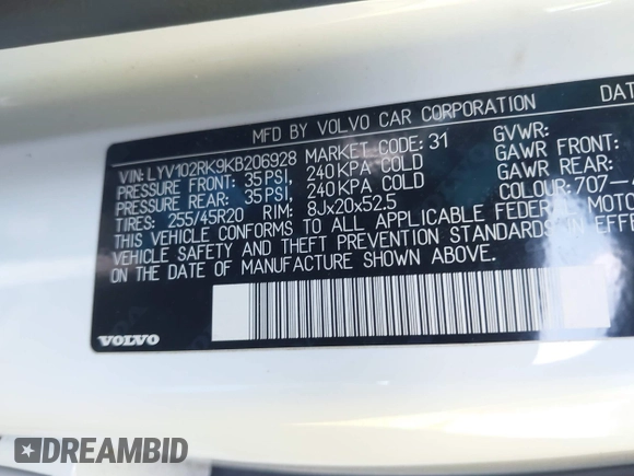 2019 Volvo XC60 Momentum with VIN LYV102RK9KB206928, listed as a IAAI auction lot 41673598 with 25,512 mi miles and . Bid and sale history available at DreamBid. Image 9.