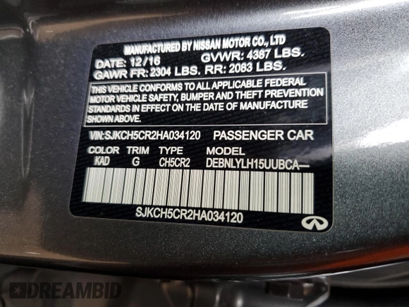 2017 Infiniti QX30 Premium с VIN SJKCH5CR2HA034120, выставлен на аукционе Copart как лот 78173074 с пробегом 71 512 миль миль и Списание • Salvage title. История ставок и продаж доступна на DreamBid. Изображение 15.