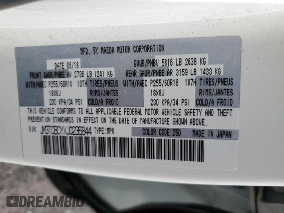 2018 Mazda CX-9 Touring with VIN JM3TCBCYXJ0236844, listed as a Copart auction lot 50141775 with 86,015 mi miles and Clean Title. Bid and sale history available at carsss.com. Image 13.