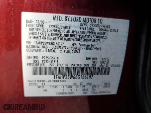 2008 Ford Taurus Limited with VIN 1FAHP25W68G166197, listed as a Copart auction lot 75201074 with 182,246 mi miles and Salvage Title. Bid and sale history available at carsss.com. Image 12.