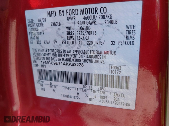 2010 Ford Escape Limited with VIN 1FMCU9E71AKA62228, listed as a IAAI auction lot 40817032 with 237,761 mi miles and . Bid and sale history available at DreamBid. Image 9.
