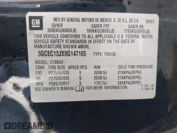 2008 Chevrolet Silverado 1500 1LT with VIN 3GCEC13JX8G147165, listed as a IAAI auction lot 41523796 with 206,104 mi miles and . Bid and sale history available at DreamBid. Image 9.