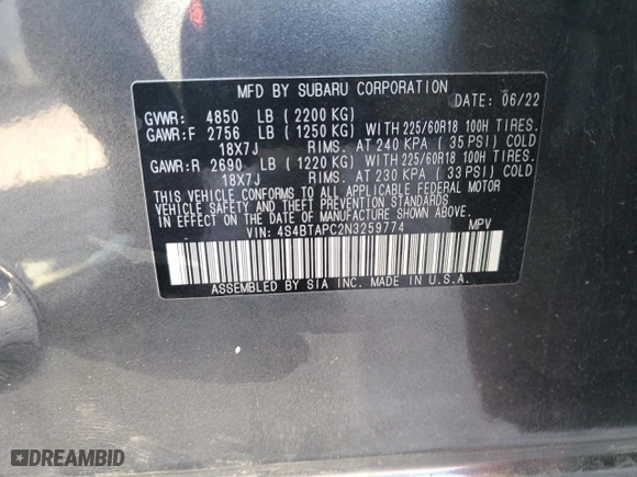 2022 Subaru Outback Touring with VIN 4S4BTAPC2N3259774, listed as a Copart auction lot 80699904 with 32,456 mi miles and Salvage Title. Bid and sale history available at carsss.com. Image 13.