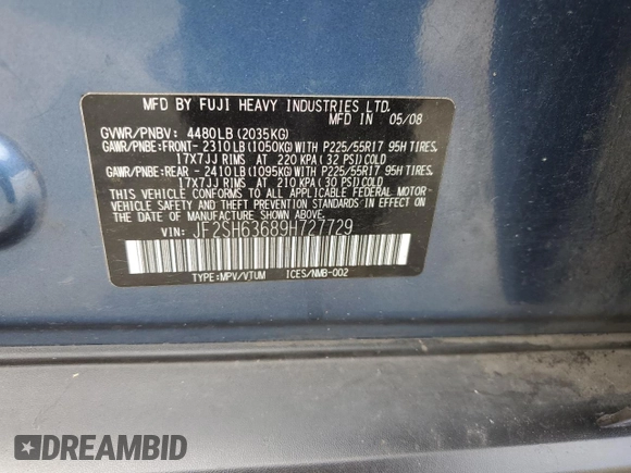 2009 Subaru Forester X with VIN JF2SH63689H727729, listed as a Copart auction lot 62779685 with 119,903 mi miles and Salvage title. Bid and sale history available at DreamBid. Image 13.