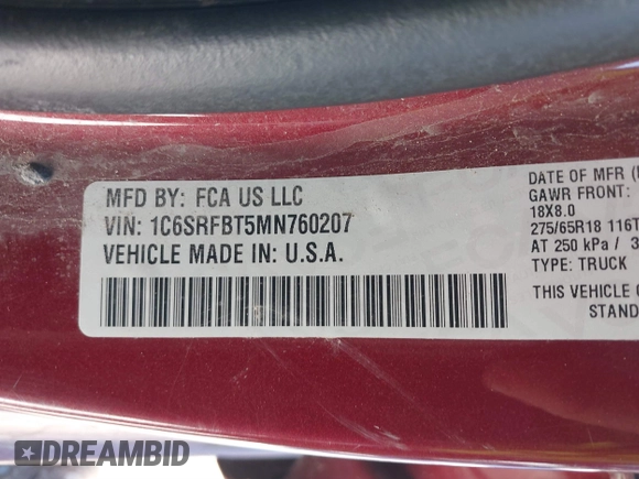 2021 Ram 1500 Big Horn с VIN 1C6SRFBT5MN760207, выставлен на аукционе IAAI как лот 41326935 с пробегом 58 667 миль миль и . История ставок и продаж доступна на DreamBid. Изображение 9.
