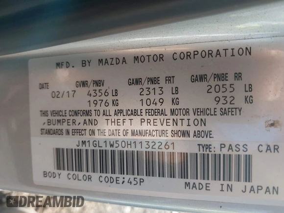 2017 Mazda 6 Grand Touring with VIN JM1GL1W50H1132261, listed as a IAAI auction lot 41930610 with 54,431 mi miles and . Bid and sale history available at DreamBid. Image 9.